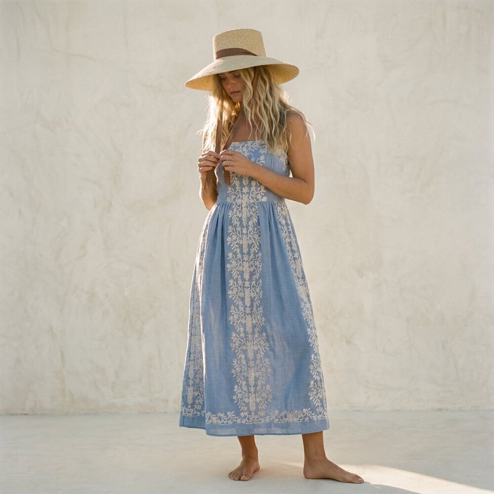 NWT Julia Jordan Blue & White Embroidered Sleeveless Maxi Dress - 10
